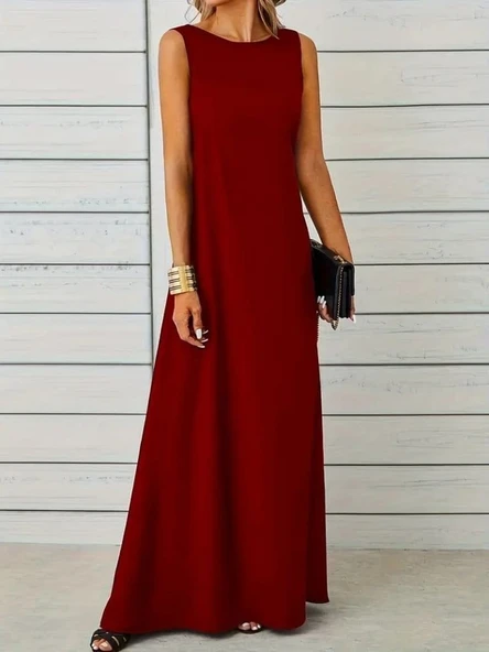 Kadın Kolsuz Kayık Yaka Maksi Janjan Krep Elbise ürün görseli