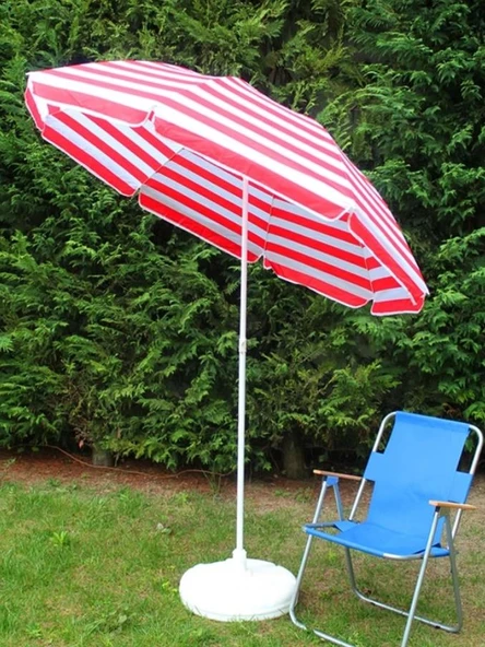 Plaj Şemsiyesi Kırmızı Beyaz Renkli 8 Telli 180 CM Çap Eğim Verilebilir - Resim 5