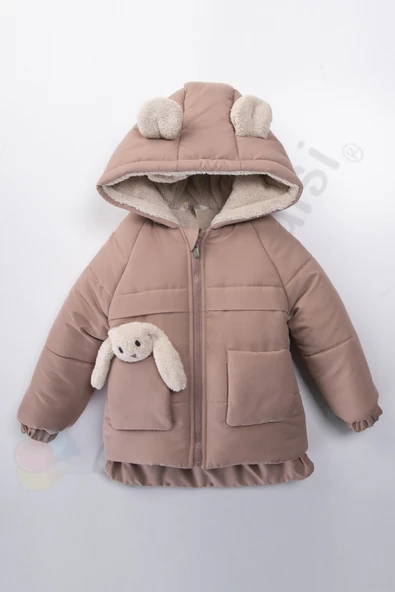 YENİ Tavşanlı Fermuarlı İçi Peluş Kürklü Kalın Kapüşonlu Kar Şişme Kışlık Kız Bebek Mont Çocuk Kaban - 5