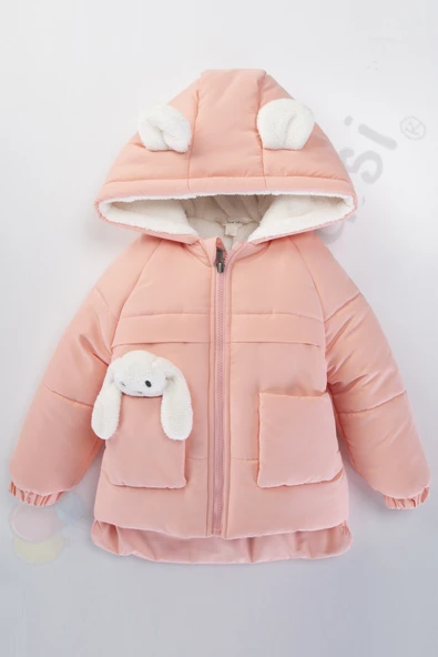 YENİ Tavşanlı Fermuarlı İçi Peluş Kürklü Kalın Kapüşonlu Kar Şişme Kışlık Kız Bebek Mont Çocuk Kaban