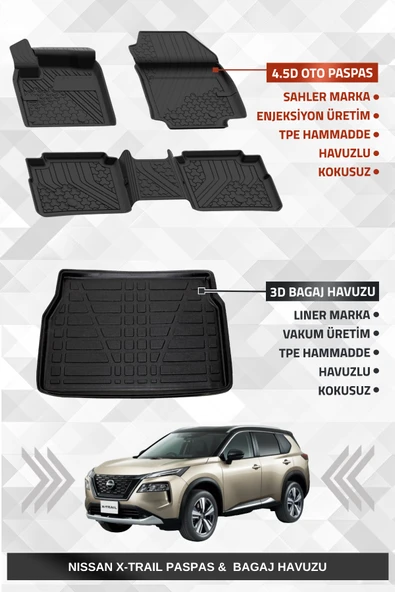 Sahler Nissan X-Trail Benzinli 2022+ Uyumlu 4.5D Premium Havuzlu Oto Paspas ve Liner Marka 3D Bagaj Havuzu ürün görseli