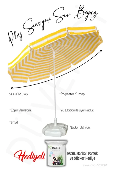 Plaj Şemsiyesi 8 Telli 200 CM Çap Sarı Beyaz Renk BİDONLU Eğim Verilir ve rosie hediye ürün görseli