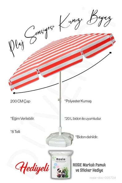 Plaj Şemsiyesi 8 Telli Kırmızı Beyaz Renk 200 CM Çap BİDONLU Eğim Verilir ve rosie hediye ürün görseli