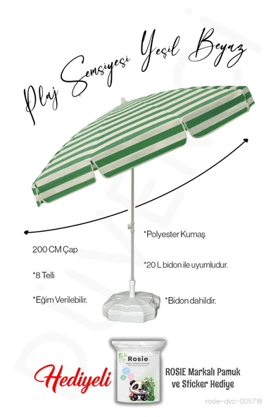 Plaj Şemsiyesi 8 Telli 200 CM Çap Yeşil Beyaz Renk BİDONLU Eğim Verilir ve rosie hediye ürün görseli