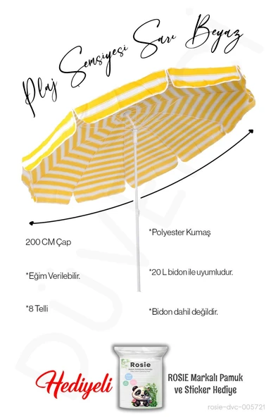 Plaj Şemsiyesi 200 CM Çap Sarı Beyaz 8 Telli Eğim Verilir BİDONSUZ ve rosie hediye ürün görseli