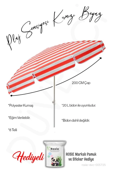 Plaj Şemsiyesi 200 CM Çap Kırmızı Beyaz 8 Telli Eğim Verilir BİDONSUZ ve rosie hediye ürün görseli