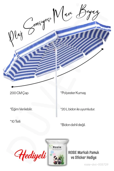 Plaj Şemsiyesi 10 Telli 200 CM Çap Mavi Beyaz Eğim Verilir BİDONSUZ ve rosie hediye ürün görseli