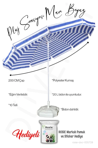 Plaj Şemsiyesi 10 Telli Mavi Beyaz Renk 200 CM Çap BİDONLU Eğim Verilir ve rosie hediye ürün görseli
