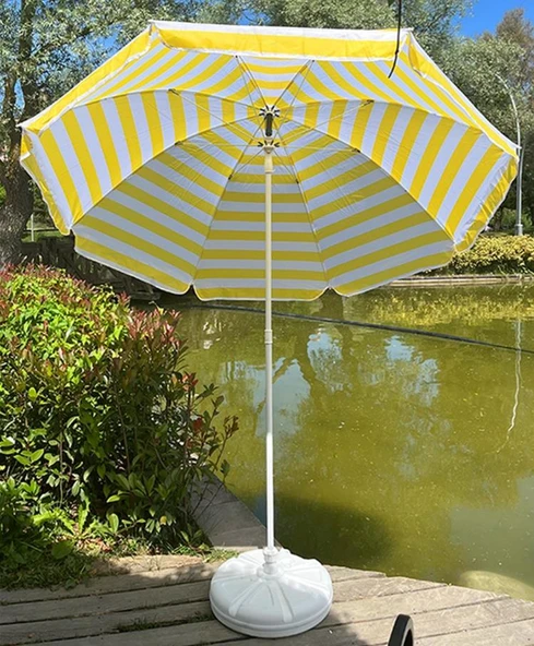 Plaj Şemsiyesi 8 Telli 200 CM Çap Sarı Beyaz Renk BİDONLU Eğim Verilir ve rosie hediye - Resim 5