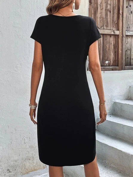 Kadın Kısa Kollu Bisiklet Yaka Viskon Iki Iplik Elbise - Resim 6