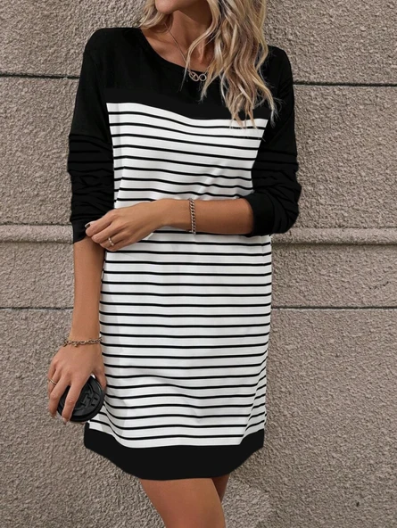 Kadın Bisiklet Yaka Uzun Kol çizgili Iki Iplik Kumaş Mini Boy Elbise - Resim 2