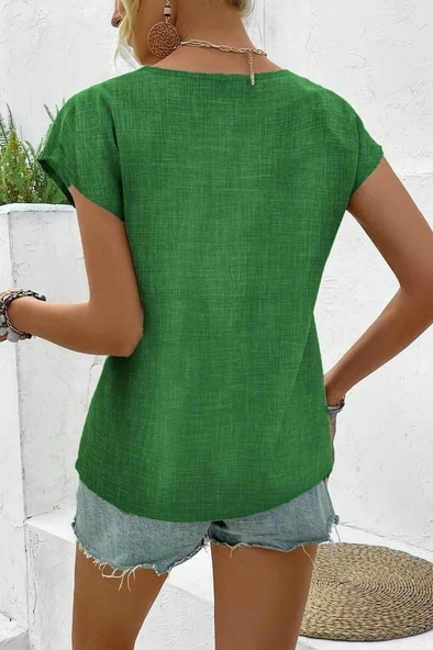 Kadın Kısa Kollu V Yakalı Düğmeli Keten Bluz - Resim 5