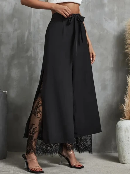 Kadın Yüksek Bel Belden Kuşaklı üst Dalgıç Alt Dantel Detaylı Dalgıç Pantolon Takım - Resim 3