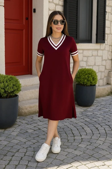 Kadın Kısa Kollu V Yaka Ve Yaka Ribana Detay Midiboy Viskon Elbise ürün görseli