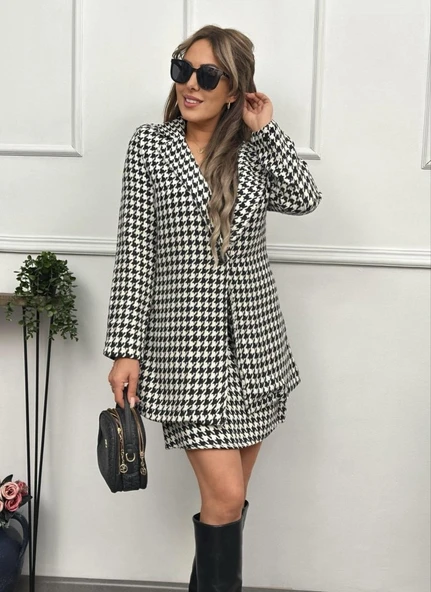 Kadın Kazayağı Desen Vatka Detay Kaban Ve Yüksek Bel Etek Ikili Takım - Resim 9