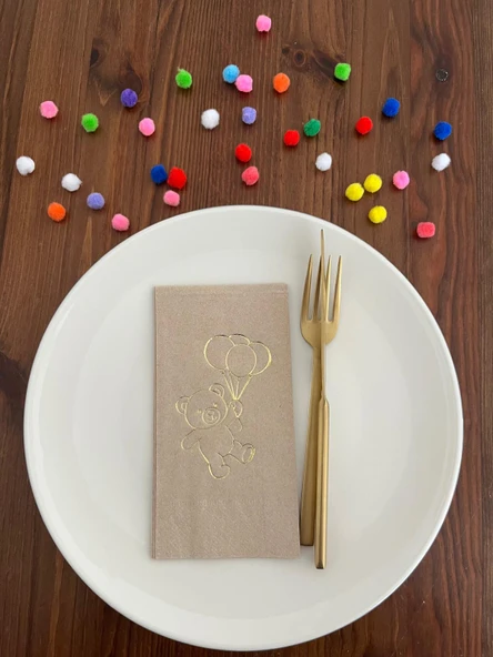 Gold Yaldızlı Kraft Sevimli Ayı Baskılı Garson Katlama Peçete 16 Adet ürün görseli 1