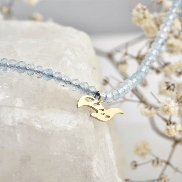 925 Ayar Gümüş Altın Kaplama Aquamarine Doğal Taşlı Kuş Kolye - NGS00115 - Resim 2