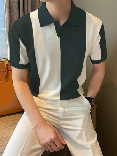 Erkek Kısa Kollu Polo Yakalı Blok Desenli Triko Bluz ürün görseli