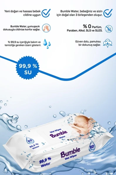 BUMBLE WATER ISLAK MENDİL 60 YAPRAK 6'LI PAKET - Resim 8