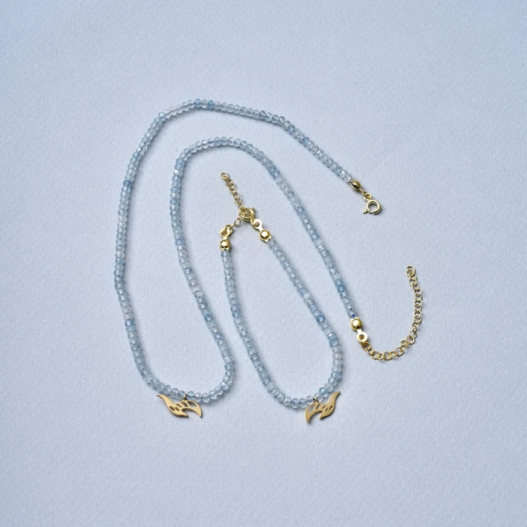 925 Ayar Gümüş Altın Kaplama Aquamarine Doğal Taşlı Kuş Kolye - NGS00115 - Resim 7