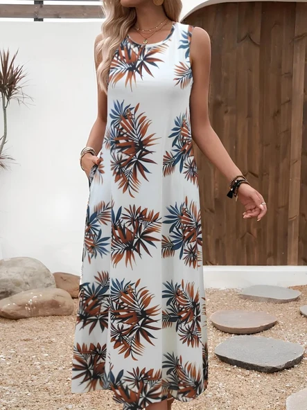 Kadın Askılı Yuvarlak Yaka Cepli Desenli Süprem Elbise ürün görseli