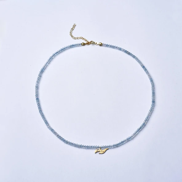 925 Ayar Gümüş Altın Kaplama Aquamarine Doğal Taşlı Kuş Kolye - NGS00115 - Resim 4