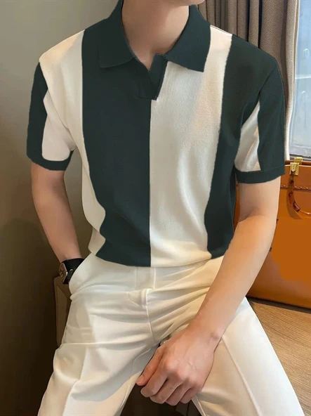 Erkek Kısa Kollu Polo Yakalı Blok Desenli Triko Bluz - Resim 3