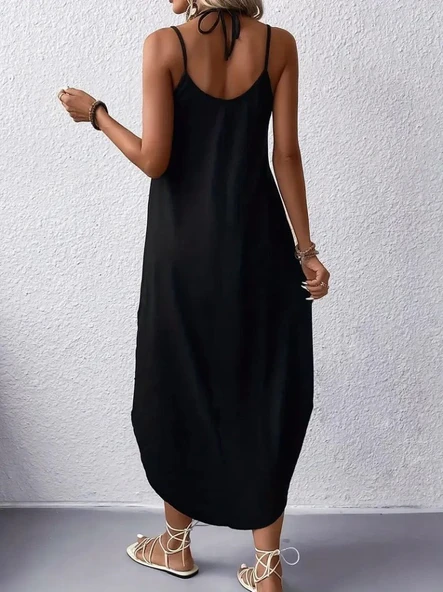 Kadın Askılı V Yakalı Desenli Uzun Viskon Elbise - Resim 2