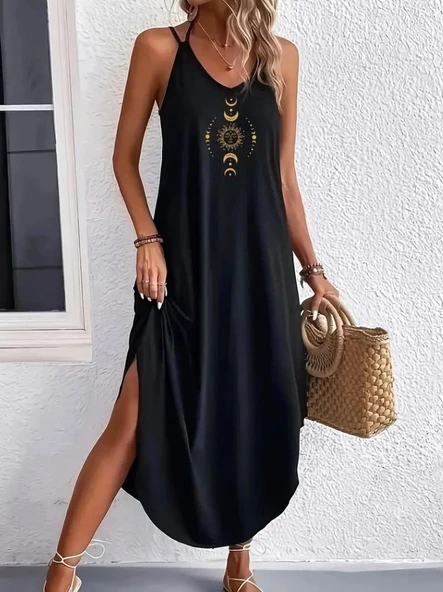 Kadın Askılı V Yakalı Desenli Uzun Viskon Elbise - Resim 4