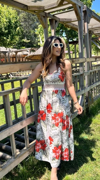 Kadın Ip Askılı V Yakalı Bel Güpür çiçek Desenli Yandan Yırtmaçlı Maksi Süprem Elbise - Resim 3