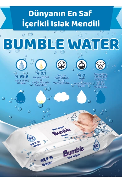 BUMBLE WATER ISLAK MENDİL 60 YAPRAK 6'LI PAKET - Resim 7