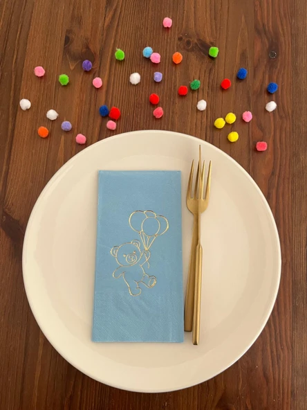 Gold Yaldızlı Mavi Sevimli Ayı Baskılı Garson Katlama Peçete 16 Adet ürün görseli 1