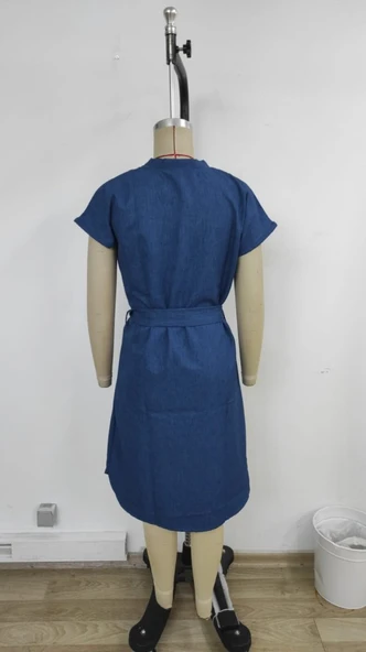 Kadın Kısa Kollu V Hakim Yaka Belden Kuşaklı Valencia Elbise - Resim 7