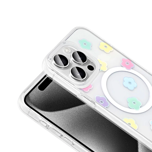 Apple iPhone 15 Pro Kılıf M-Safe Şarj Özellikli Şeffaf Zore Folk Sert Kapak - Resim 9