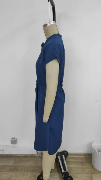 Kadın Kısa Kollu V Hakim Yaka Belden Kuşaklı Valencia Elbise - Resim 6