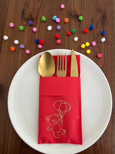 Kırmızı Üzeri Gold Yaldızlı Sevimli Ayı Baskılı Kanguru Cepli Peçete 12 Adet ürün görseli 1