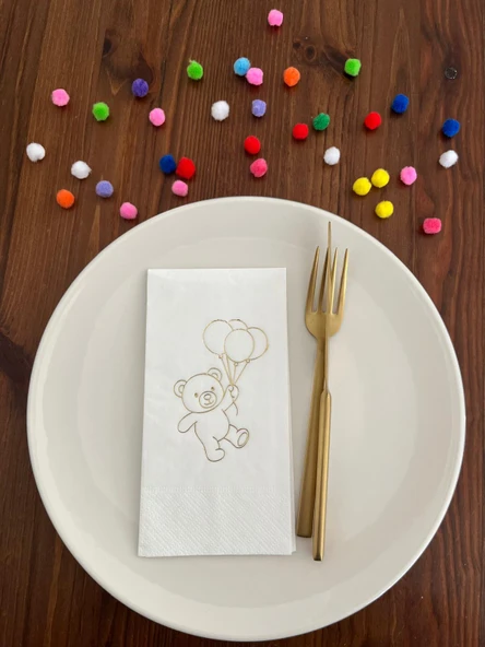 Gold Yaldızlı Beyaz Sevimli Ayı Baskılı Garson Katlama Peçete 16 Adet ürün görseli 1