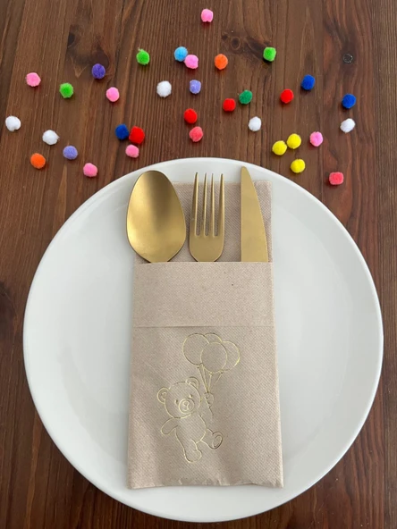 Kraft Üzeri Gold Yaldızlı Sevimli Ayı Baskılı Kanguru Cepli Peçete 12 Adet ürün görseli 1