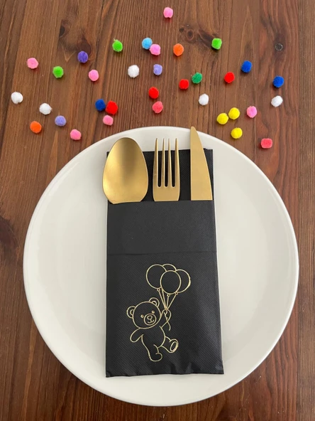 Siyah Üzeri Gold Yaldızlı Sevimli Ayı Baskılı Kanguru Cepli Peçete 12 Adet ürün görseli