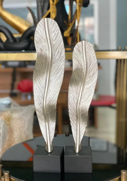 2 Li Dekoratif Kaideli Tüy Yaprak Biblo Modern Özel Tasarım Obje ürün görseli 1