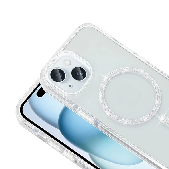 Apple iPhone 15 Plus Kılıf Taşlı Tasarım M-safe Şarj Özellikli Zore Koment Silikon Kapak - Resim 2