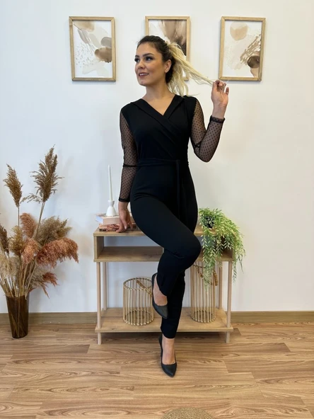 Krep Kumaş Kol Tül Puan Detaylı Kuşaklı Tulum 141 Cm - Resim 2