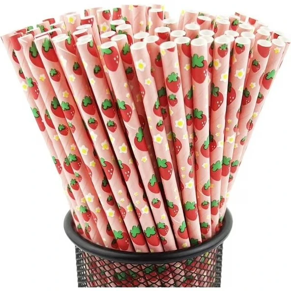 3B Trend Kağıt Pipet Çilek Desenli 25'li ürün görseli 1