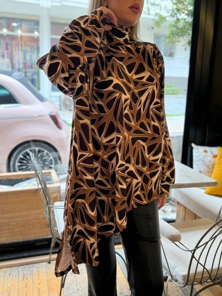 Kadın Uzun Kollu Balıkçı Yaka Asimetrik Kesim Salaş Bluz - Resim 2