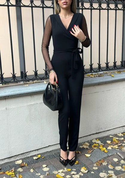 Krep Kumaş Kol Tül Puan Detaylı Kuşaklı Tulum 141 Cm - Resim 5