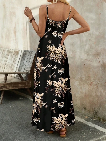 Kadın Ip Askılı V Yakalı çiçek Desenli Süprem Elbise - Resim 2