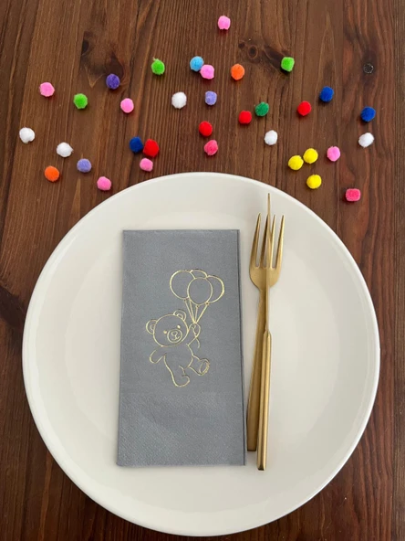 Gold Yaldızlı Gri Sevimli Ayı Baskılı Garson Katlama Peçete 16 Adet ürün görseli 1