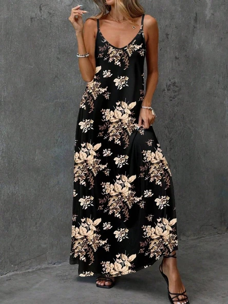 Kadın Ip Askılı V Yakalı çiçek Desenli Süprem Elbise - Resim 4