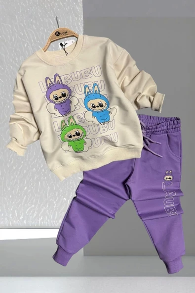 Labubu Desenli Kız Çocuk Lila Renk Eşofman Takım 2 li Set - 1