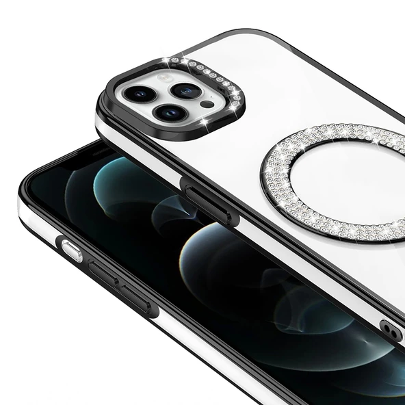 Apple iPhone 12 Pro Kılıf Pırlanta Taş Tasarımlı M-safe Şarj Özellikli Zore Karetta Silikon Kapak - 5